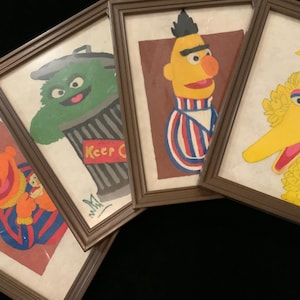 Vintage Muppet Painting Set/Original/Big Bird-Bert-Ernie-Oscar the Grouch Sesame Street Characters/Hand Painted/Framed Wall Art/Small 7x9”