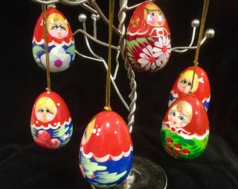 Russian Matryoshka Doll Ornament SET/Egg Doll/Hand-Painted/Figural/Polish/Easter-Christmas/6 Piece SET/Vintage