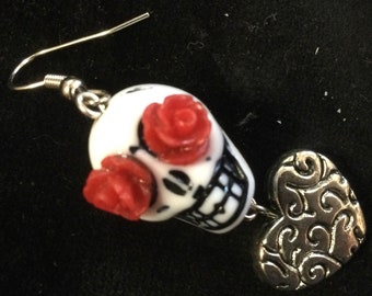 Skull Earrings/Sugar Skull/Skeleton/Goth/Day of the Dead/Red Rose/Silver Heart Charm/Dias De Los Muertos/Steampunk/Dangle/Halloween/Handmade