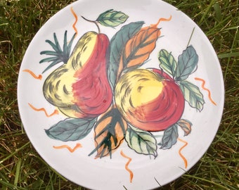 1950 Fruit Plates/Dessert Plate-Salad Plate-Lunch Plate/Ceramic/Apple & Pear/Multicolor/Hand Painted/6 Piece Set/Vintage Mid century