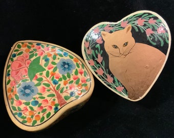 Heart Ring Box/Valentine Trinket Box/Lacquered Paper Mache/“Tree of Life” & “Cat”/Lidded/Small 2 Piece Set/Made in India/Vintage