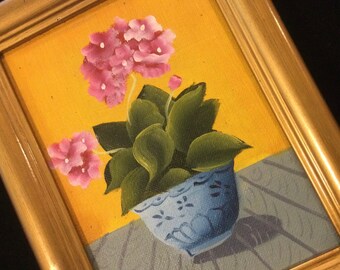 Wall Art Decor Painting/Floral Botanical Original Oil Still Life TableScape/Flowers in Vase/Pink Geranium/Gold Frame/Small/Vintage