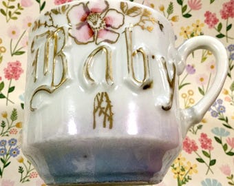 Ceramic Baby Cup/Boy or Girl/Pink & Blue Lusterware/Floral Porcelain China//22Kt Gold Trim/Germany/Small 2.5”/Victorian Vintage Antique 1890