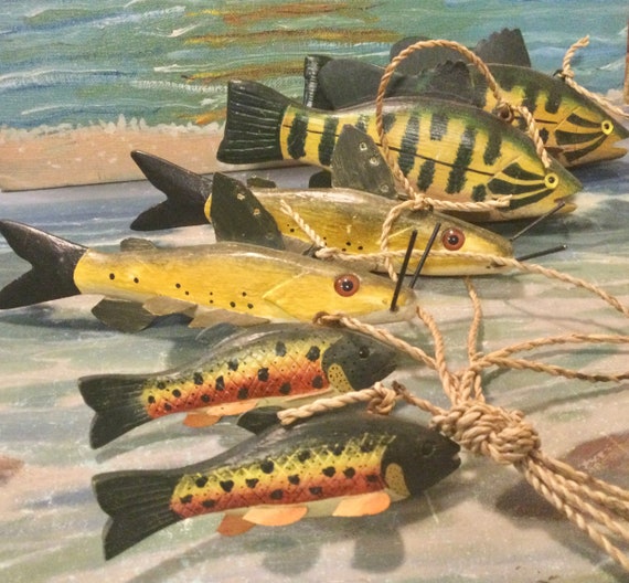 Wood Fish Decoy/ice Fishing Lure/hanging Folk Art/carved Wood/hand  Painted/beach House Decor/large 6 Piece Set/vintage 1990s 