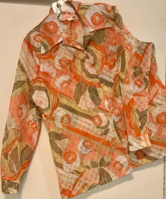 70s Eyelet Blouse-Shirt-Top/Orange Floral Abstrac… - image 3