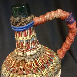 Wine Bottle-Decanter-Jug-Demijohn-Carboy/Multicolor Plastic Wicker & Glass/European/Handle/Large 12”H/Handmade/Vintage