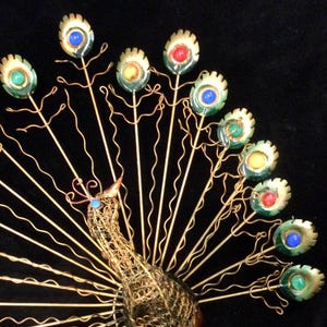 Peacock Figurine Sculpture/Metal Bird/Rhinestone Jewels/“Pier I”/Tabletop/Woven Wirework/Boho-Sheik/Large 12x13.5”/Vintage