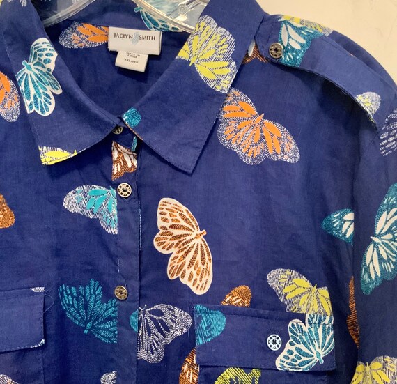 Blue Blouse-Shirt-Top/Butterfly Print/“Jacklyn Smith”/Button-Up/Cotton/Collar/Long Sleeve/Woman’s XXL (chest 46”) Vintage 1970s