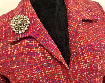 1980s Tweed Blazer-Jacket-Coat/"Harve Benard"/Red Silk/Preppy/Woman's Size 12 (chest 40”) Vintage