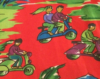 Mens Motorcycle Print Hawaiian Shirt/Mainports/Cotton/Button-Up/Short-Sleeve/Red+Green Print/Christmas/Mens Size XL (chest 48”/Vintage 1980