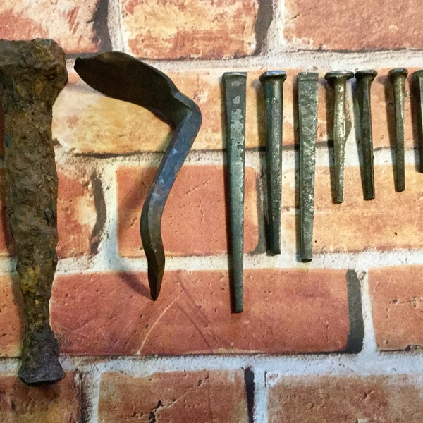 1800s Antique Flat Nails/Black Hand-Forged Wrought Iron/Rusty Primitive Hardware/Handmade 10 Piece Set/Vintage Antique