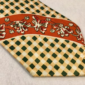 1940s Mens Tie-Necktie/Art Deco Smoothie Silk Jacquard/Buffalo Check Plaid/Leaf Print/Red-Green-Gold/4.5Wx 53L/Vintage image 1