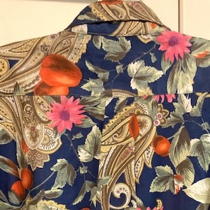 Mens Paisley Print Shirt/Button Up/Button Down/Blue-Red-Green/Flowers-Berries-Leaves/Short Sleeve/Cotton/Size XL (chest 48”/Unisex/Vintage