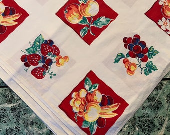 1950 Fruit Print Tablecloth-Table Linen/Red Apple-Strawberry-Pear-Peach-Cherries-Grapes/Small Square 48”/Kitchen Decor/Vintage Mid-Century