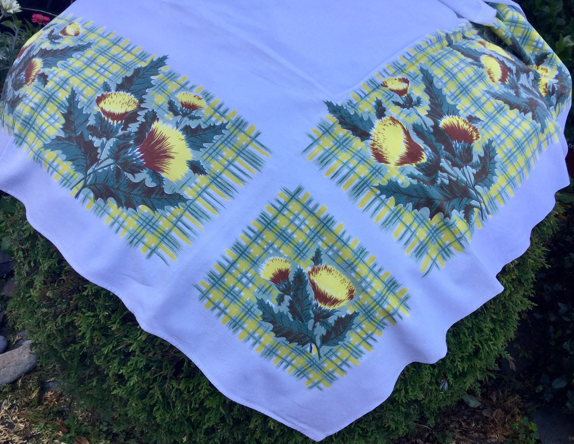 40s Floral Tablecloth california Hand Prints Green Etsy