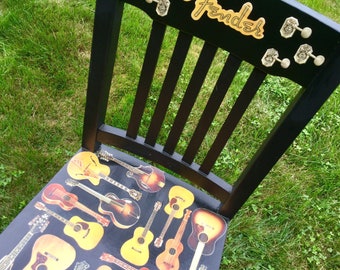 Decoupage Chair/Fender Guitar Music Instrument/Original Hard Rock Collage/Black Painted Oak Wood Mission Furniture/Handmade/Vintage