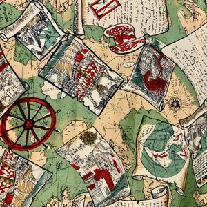 May include: A vintage fabric with a repeating pattern of maps, scrolls, and nautical designs. The fabric features a green background with brown, red, and white details. The fabric is perfect for crafting projects, quilting, or home decor.