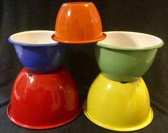 SALE—Enamelware Bowl SET/Mixing Bowls/Nesting/Metal Enamel/Red-Orange-Yellow-Green-Blue/Kitchen Cookware/Large & Small 5pc SET/Vintage 1950s