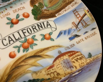 California Plate Souvenir/Hanging/Ceramic/Hand Painted/Japan/Small 8”/Vintage 1950s