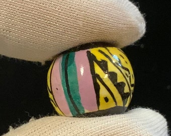 Loose Ceramic Beads/Aztec Print/Trade Bead-Style/Hand Painted/Black-Yellow-Pink-Blue/13 Piece Set/DIY Jewelry Supply