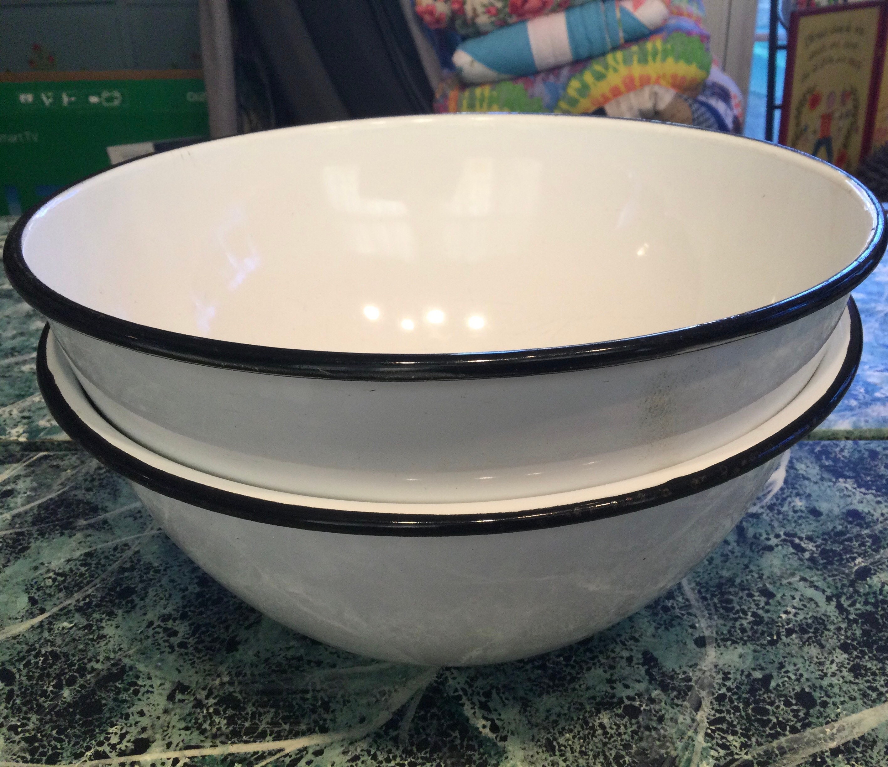 Antique Red Enamelware Fruit Bowl Enamelware Large Kitchen Bowl White