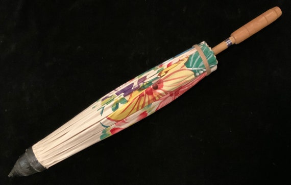 Vtg Asian Floral Parasol Umbrella/Bamboo & Canvas… - image 10