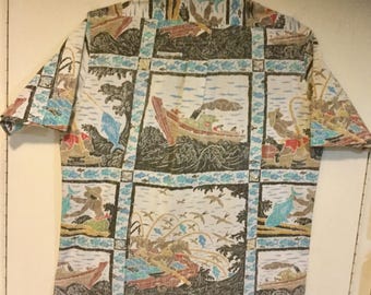 Reyn Spooner Nautical Hawaiian Shirt “Dietrich Varez" Geometric Reverse Print/Native Fishing Boats/Mens Size L-XL (chest 50”)Vintage