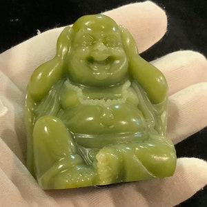 Laughing Buddha Figurine/“Hear No Evil”/Green Faux Jade Resin/Asian-Chinese-Oriental/Small-Miniature 2.5” Vintage