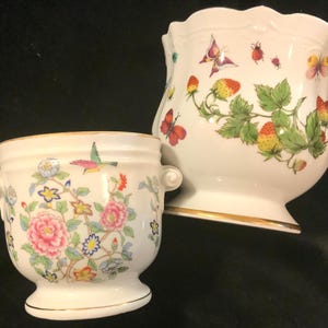 Ceramic Planter Set/Flowerpot-Plant Pot-Cache-Vase/Ardalt/Flower-Strawberry/Butterfly/Lenwile China Japan/Hand Painted/2 Piece/Vintage 1970