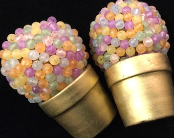 Topiary Tree Set/Tabletop/Pastel Beads/Christmas-Birthday-Party-Easter  Decor/Small-Miniature 3”H/2 Piece/Vintage 1990