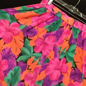 Vintage Pink Floral Maxi Skirt/Hawaiian Print/Fluorescent Neon Hibiscus Flowers/Cotton Gauze Fabric/Elastic-Waist/Woman's Size XL/Vintage image 5