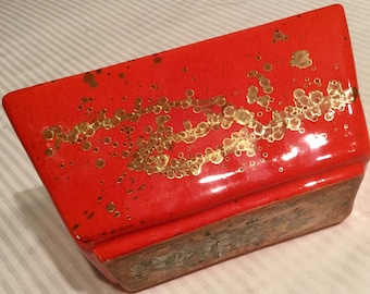 Red Ceramic Planter-Vase-Flowerpot-Plant Pot/Asian-Chinese/HP 22Kt Gold/Christmas-Valentine’s Day/Small Rectangle/Vintage Mid-Century