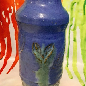 Studio Art Pottery Vase/Blue Sgraffito Leaf Print/Stoneware/Earthenware/Ceramic Clay/Signed/Organic/Tall/Narrow/Sculptural/Handmade/Vintage