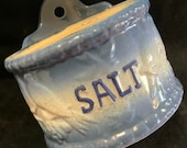 1990 Blue Stoneware Pottery Salt Bird-Motif Hanging Glazed Crock (missing lid) Vintage Reproduction