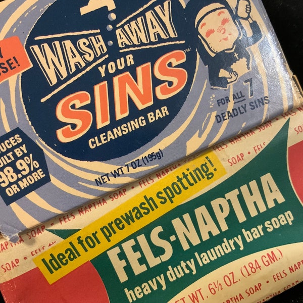 Vintage Soap Bar/Fels Naptha & Wash Away Your Sins/Original Wrapping/2 Piece Set