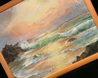 Vintage Wall Art Coastal Beach Painting/Original Oil/Nautical Decor Ocean SeaScape/Signed Norma Downes/Framed/Small 8.75x9.5”/Vintage