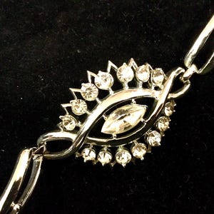 50s Evil Eye Bracelet/Rhinestone/Coro/Panel Link/Infinity/Marquise/Clear Crystal Rhinestones/Silver Rhodium Plated/Signed Coro/Vintage 1950s