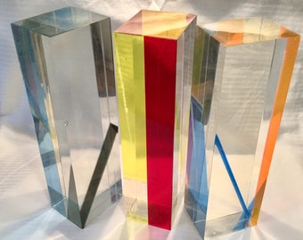 1970s Lucite Acrylic Block Sculpture-Tower-Column-Post/“Vasa Milhich”/Abstract Modern Op-Art/3pc Set/Large 11”H/Handmade/Vintage 1960s-1970s
