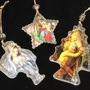 Religious Print Ornaments/Christmas/Cookie-Cutter/Madonna/Jesus/Decoupage/Gold Glitter/3pc SET/Metal Bakeware Kitchen Decor/Handmade/Vintage
