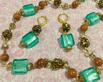 Venetian Bead Necklace Set/Blue-Aqua Foil Glass & Brown Sandstone Beads/Long Single-Strand/2 Piece/Handmade