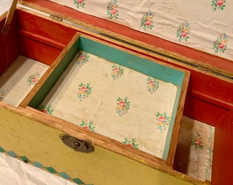 Wood Trunk-Chest-Box-Doll Clothes Storage Wardrobe/Hand Painted Country Folk Art/Small 20”L/Handmade/Vintage 1930-1940s