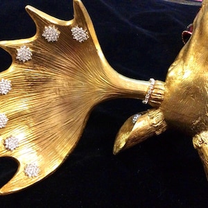 Moose Head Mount Trophy-Plaque-Sculpture/Animal Wall Hanging/Rhinestone/Kitsch/Gold Resin/Faux-Taxidermy/Christmas/Large/Handmade/Vintage