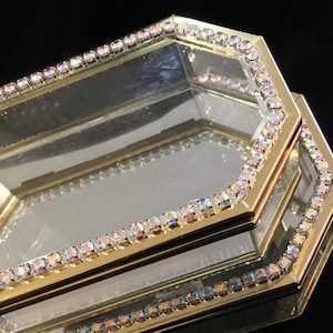 Rhinestone Jewelry Box-Trinket Box Pair/Glass & Brass/Vanity Dresser Storage/Hinged Lid/Rectangle/Wedding/Handmade/2 Piece Set/Vintage