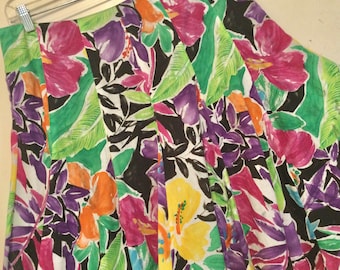 1980s Lauren Ralph Lauren Skirt/Floral Patchwork Tropical Print/Flared-Gore-Panel/Multicolor/Green Label/Summer/Woman 12 (waist 36”) Vintage