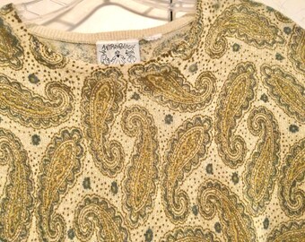 Anthropologie Knit Sweater/Pullover/Green Paisley Print/Crew-Neck/Long-Sleeve/Fall-Autumn-Winter/Woman’s Medium (Chest 40”) Vintage 1980
