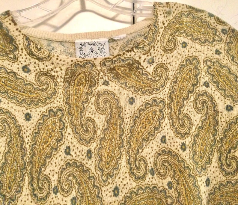 Anthropologie Knit Sweater/Pullover/Green Paisley Print/Crew-Neck/Long-Sleeve/Fall-Autumn-Winter/Woman’s Medium (Chest 40”) Vintage 1980 image 1