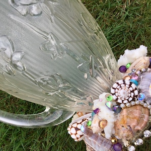 Shell Vase-Pitcher/Seashell Encrusted Carnival Glass/Iris & Herringbone/Jeannette Marigold/Beaded/Rhinestone/Large/Handmade Vintage