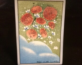 Floral Tile Wall Plaque/Helja Liukko Sundstrom/Ceramic Enamel Flower Painting/Arabia Finland/Scandinavian/Signed/Small 4x6”/Handmade/Vintage