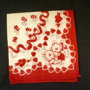 1950s Valentine Hanky-Handkerchief/Red HeartRosesTeddy Bear/Cotton/Valentines Day Gift/Adult-Child/3 Piece SET/Vintage image 4
