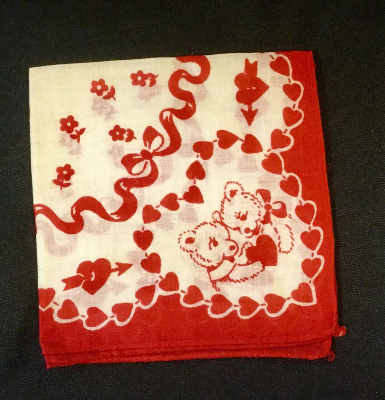 1950s Valentine Hanky-Handkerchief/Red HeartRosesTeddy Bear/Cotton/Valentines Day Gift/Adult-Child/3 Piece SET/Vintage image 4